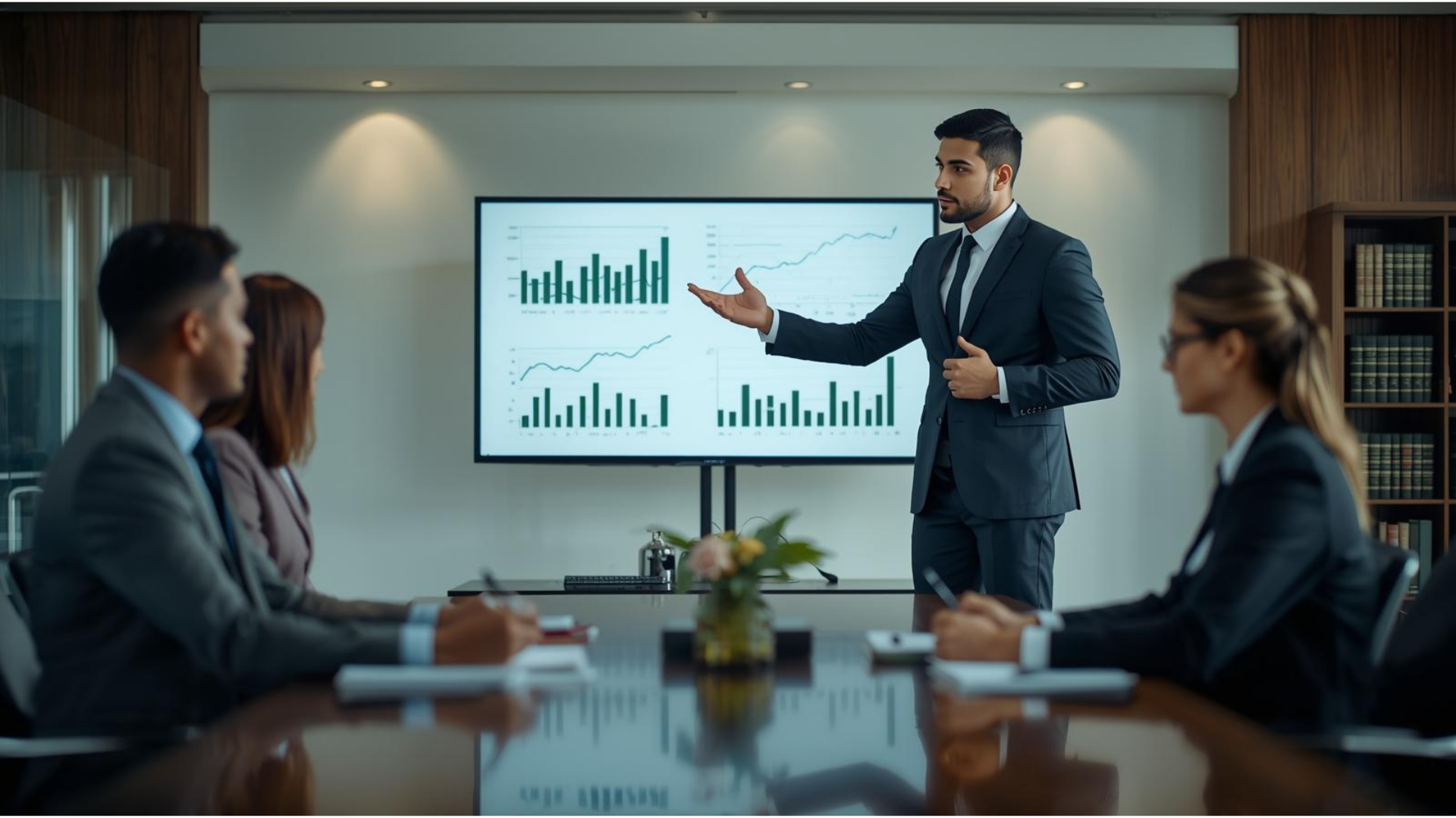 La imagen muestra a un represéntate legal de la empresa Recobra realizando una presentación a clientes.